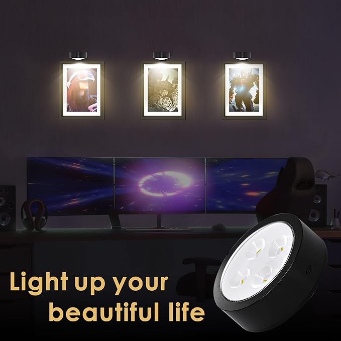 3-Pack Picture Light Battery Operated, Magnetic Led Lights with Remote, Dimmable and Timer Painting Light, Art Display Light for Picture Frame Artworking Portrait, Home Wall Decor Puck Lights, Black