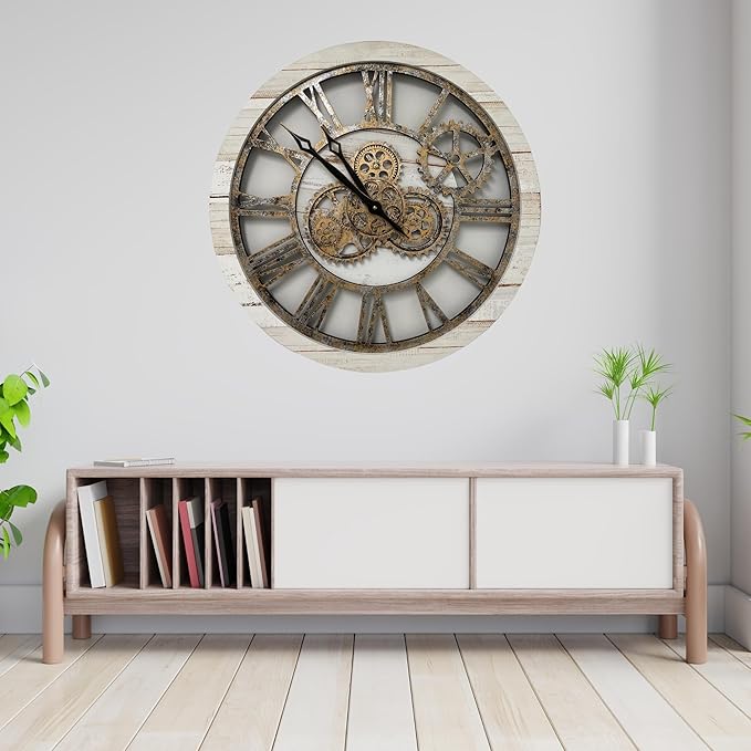 ImprovingLife The Gears Clock The Original Real Moving Gear Wall Clock Vintage Industrial Oversized Rustic Farmhouse (24 inch (60cm), Vintage Desert Beige and Bronze)