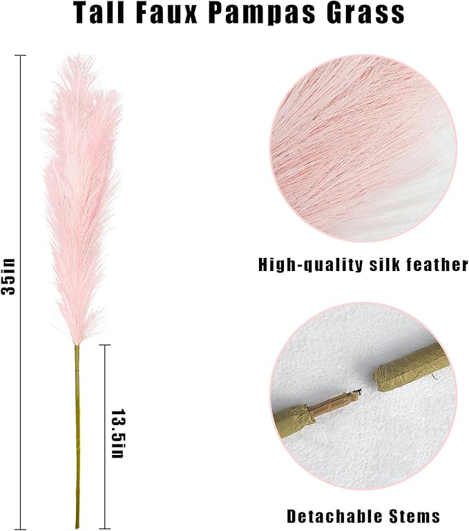 35" Pink Faux Pampas Grass Decor, 8pcs Large Tall Fluffy Artificial Pompous Grass Branches Floral Fake Pompas Grass Bulrush Floor Vase Filler Flower Arrangement for Home Wedding Boho Decor