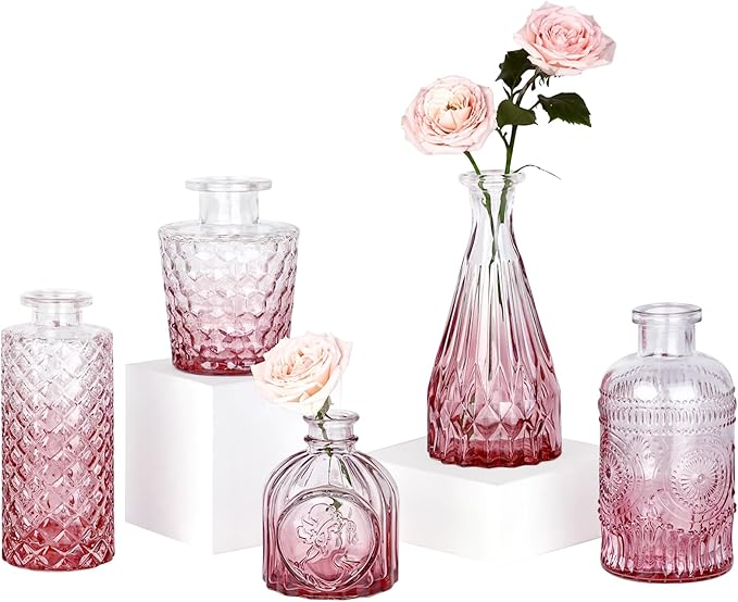 Pink Day Glass Bud Vase Set of 5, Small Flower Vases for Centerpieces in Bulk, Mini Vintage Vase for Wedding Decor, Single Flowers, and Home Table Décor