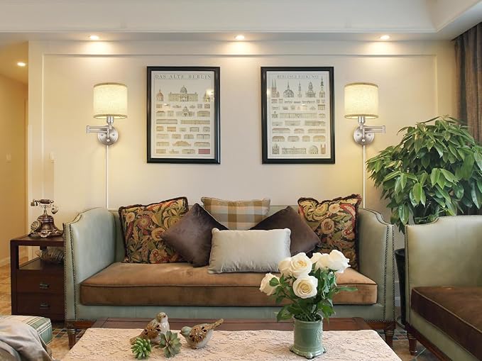Plug in Wall Sconces with Remote Control, Dimming & Adjustable Colors 2700K-6500K, Hardwire or Plug-in, Swing Arm Wall Lamp with Linen Fabric Shade, Wall Sconces Set of Two, Brushed Nickel Finish