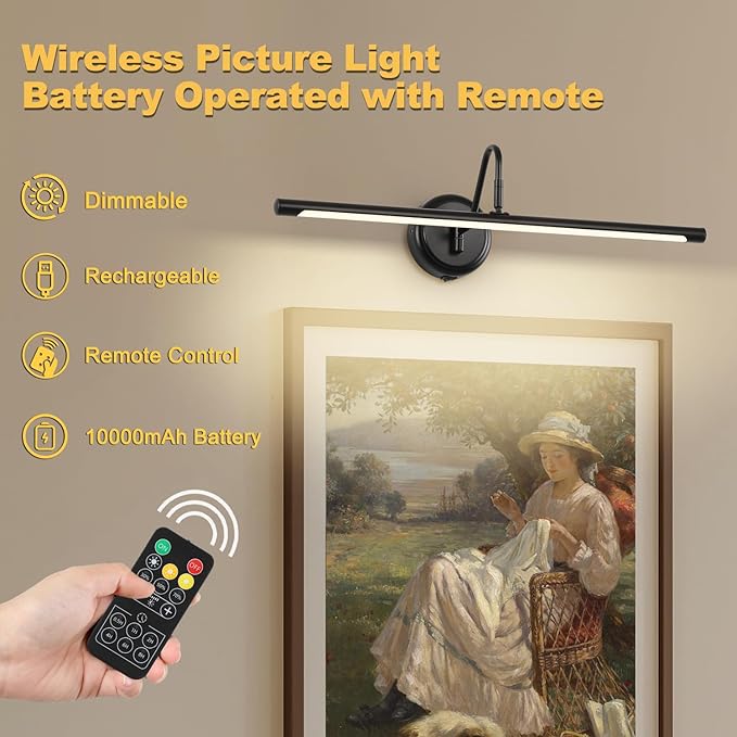 JOOSENLUX Battery Operated Picture Lights Modern Wireless Wall Lights 24.4" Inch Dimmable Under Counter Lights for Kitchen with Swing Arm as Canvas Wall Sconce Light Black 3000K CRI95+