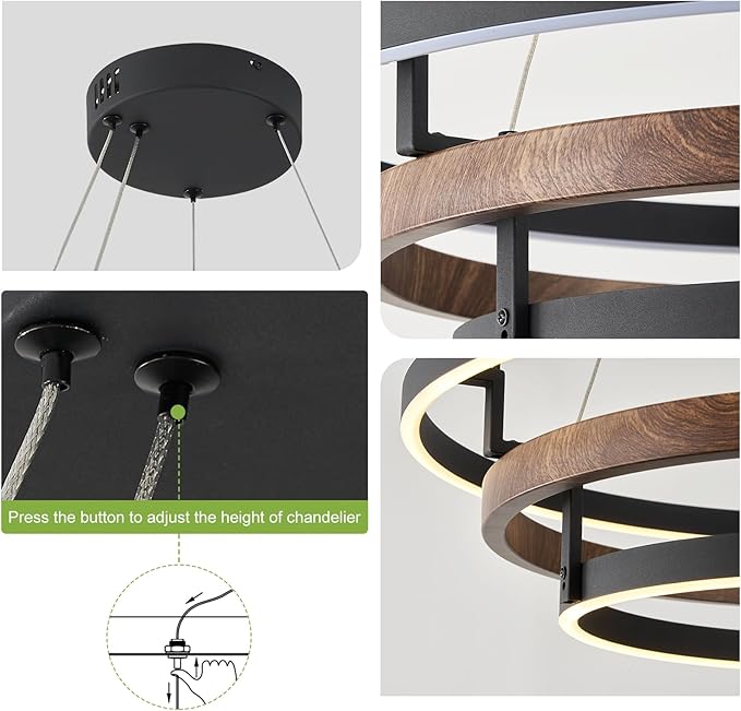 3 Rings Modern LED Chandelier Black Dimmable Circular Pendant Light for Dining Room, Foyer Chandelier with Remote Control Flush Mount High Ceiling Light for Kitchen Living Room, D30.7In