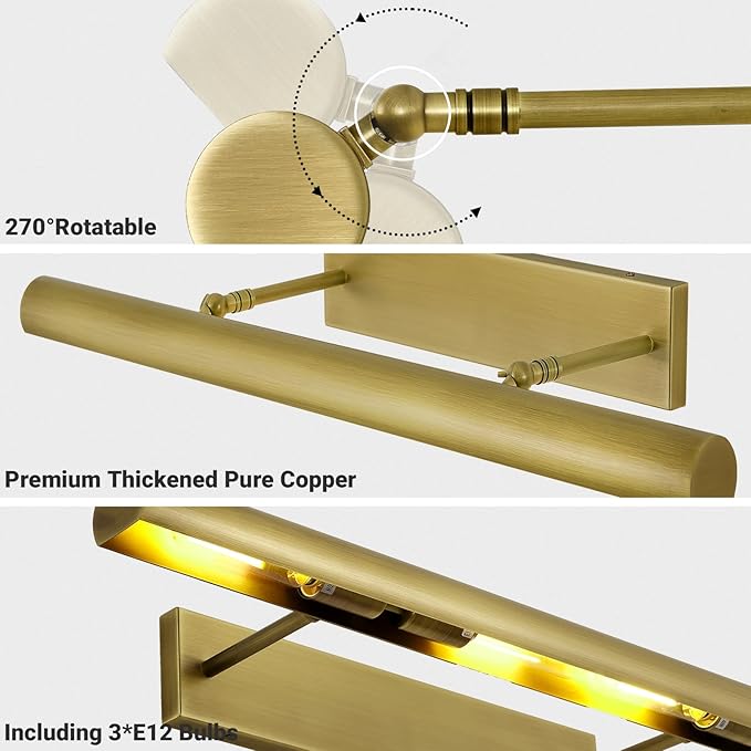 Brass Picture Lights for Wall, 24inch Hardwired Gold Picture Lights, Art Lights for Wall, Rotatable Picture Frames Lights,Wall Lights for Pictures Painting Display Artwork Portrait