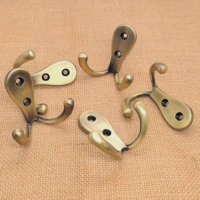 Multipurpose Hooks, Used to Hang Clothes, Bags, Coats, Curtain Hold Backs, Keys, Colour - Antique Gold, Material - White Metal, Screws and Wallplugs Included, Pack of 2 Pieces