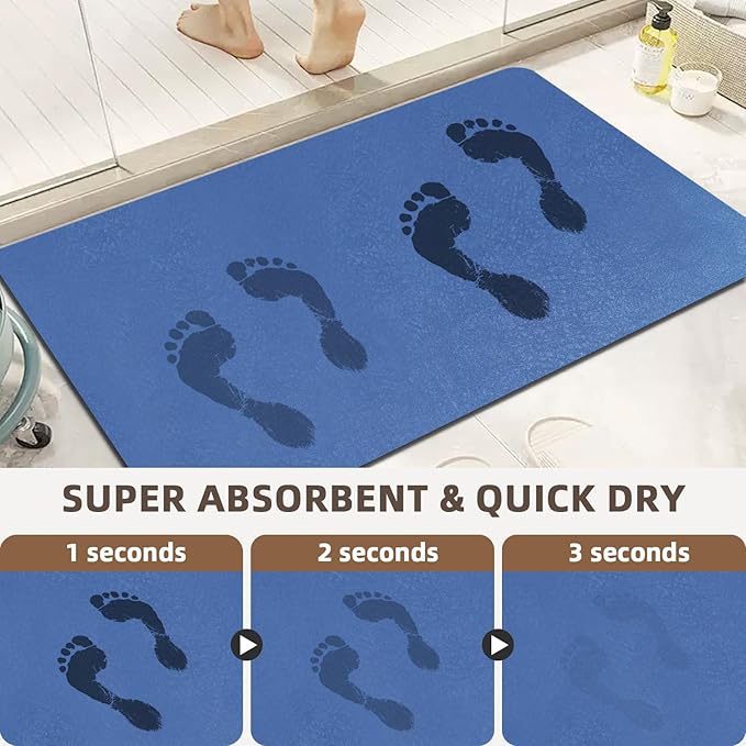 Diatomaceous earth bath mat Bathroom Rugs Sets 3 Piece Super Absorbent Quick Dry Bath Mats, Rubber Non Slip Shower Mat and Toilet Mat U Shape, Shower Rug for in Front of Bathtub Shower, Blue