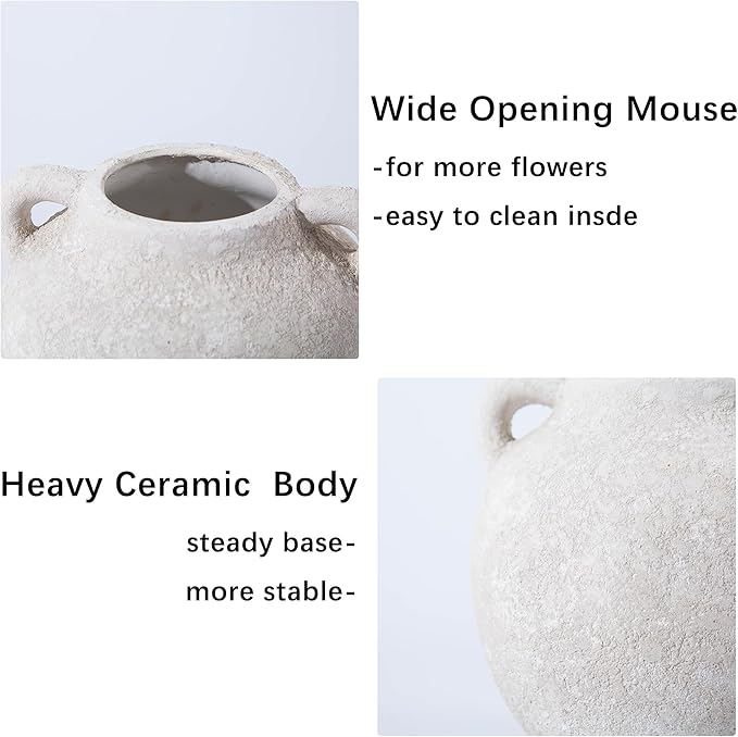 Small Ceramic White Vase - Short Rustic Flower Vases - 6 Inch Christmas Decorative Vase, Vintage Terracotta Vase with Hadle for Home Decor,Living Room Shelf Decor Table, Lyeec