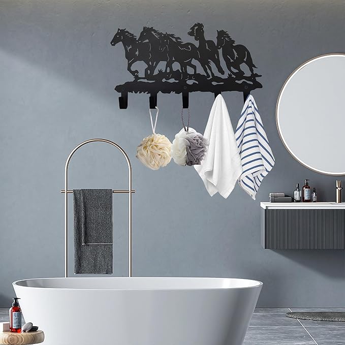 Metal Horse Coat Hooks Wall Art Decor-Horse Hangers and Key Holder-Clothes Rack and Backpack Hanger-Coat Hooks Home Decor for Storage, Living Room, Hallway, Office (Black)