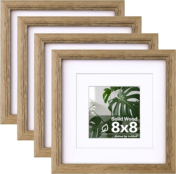 Egofine 8x8 Picture Frames with Plexiglass, Display Pictures 4x4/6x6 with Mat or 8x8 Without Mat Set of 4 for Tabletop and Wall Mounting, Carbonized Brown