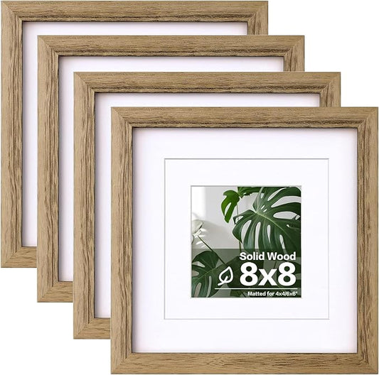 Egofine 8x8 Picture Frames with Plexiglass, Display Pictures 4x4/6x6 with Mat or 8x8 Without Mat Set of 4 for Tabletop and Wall Mounting, Carbonized Brown