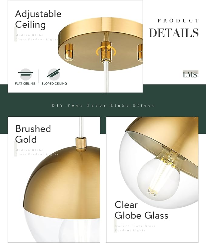 LMS 6-inch Modern Pendant Light, Brushed Gold Industrial Kitchen Island Pendant Light with Clear Globe Glass, Adjustable Hanging Pendant Light Fixtures for Dining Room Living Room, LMS-186BGCS