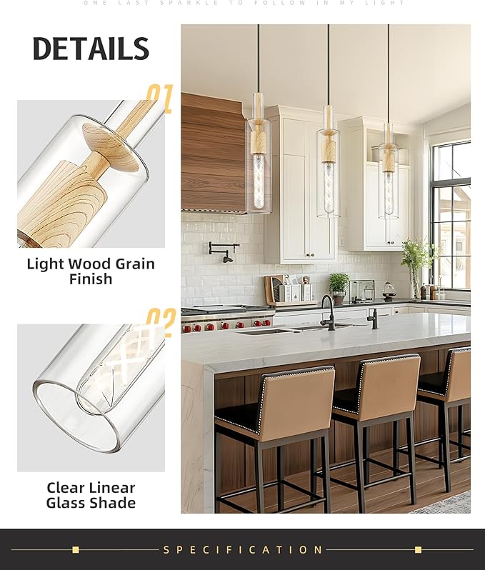 AUTELO 1-Light Pendant Lights - Vintage Pendant Lights Kitchen Island, Light Wood Grain Hanging Light with Clear Cylinder Glass, Pendant Light Fixtures for Kitchen Island Dining Room Bathroom H3875 LW