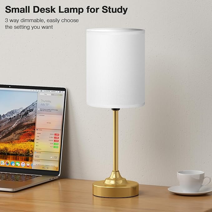 Gold Nightstand Bedroom Lamp - 3 Way Dimmable Bedside Lamp, Small Table Lamp Linen Lampshade for Office Desk, LED Bulb Included