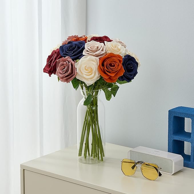 15pcs Burnt Orange Fake Roses Artificial Silk Flowers Faux Rose Flower Long Stems Bouquet for Arrangement Wedding Centerpiece Party Home Kitchen Decor(VASE NOT Included)