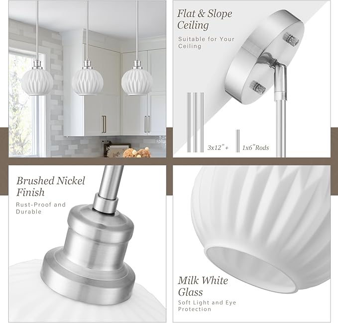 Milk Glass Pendant Lights Kitchen Island, 1-Light 7.1" Brushed Nickel Modern Pendant Light Fixtures with Rods, Globe Hanging Lighting for Kitchen Sink Bathroom Dining Room, E26 Base