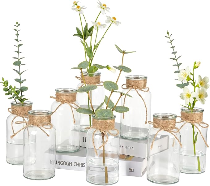 Vintage Glass Flower Vase Set of 8 Clear Vases with Hemp Rope for Farmhouse Wedding Centerpiece Cylinder Bottle for Reception Table Decoration Home Decor Floral Arrangements（Large）