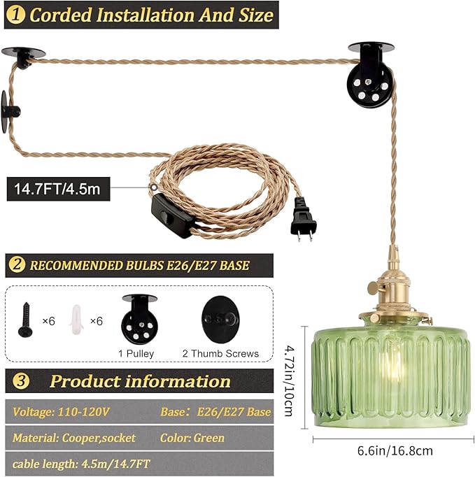 Plug in Pendant Light Hanging Light Fixture Corded On/Off Switch Brass Pendant Light with Green Striped Glass Lampshade for Bedroom Living Room Kitchen Island