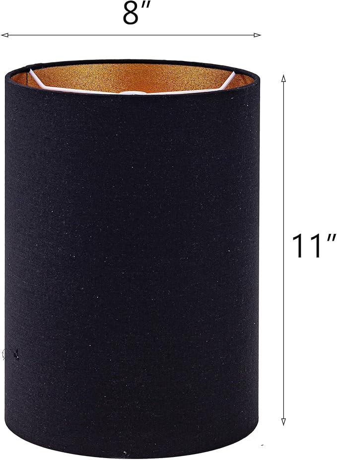 Wellmet BlackGold 8"x 8"x11" Lampshade, No Assembly Required, Classic Modern Lamp Shade for Table Lamp, Bedside Lamp, Floor Lamp, Fabric Drum Lampshade, Spider Fitter