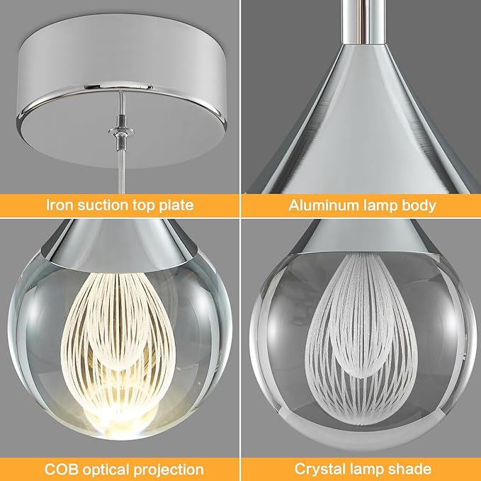 1-Light Teardrop Crystal Pendant Light - Chrome Finish Globe Ceiling Hanging Fixture D3.9 inch LED Pendant Light with Remote ，Raindrop Chandelier for Kitchen Island, Dining Room, Bar