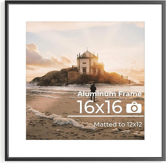 Aluminum 16x16 Picture Frame Black, Metal Photo Frames with Mat for 12x12 Photo or Without Mat for 16x16 Photo, Metal Poster Frame Sawtooth Hanger for Easy Wall Display, set of 1
