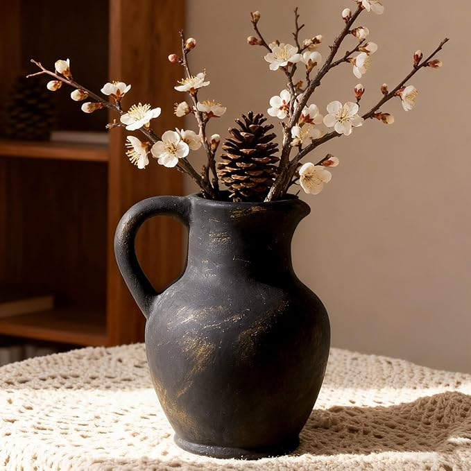 Ceramic Rustic Farmhouse Vase with Handle, Terracotta Vase, Minimalist Decorative Vases for Home Decor, Table, Living Room, Shelf, Christmas Decoration(Bronze)