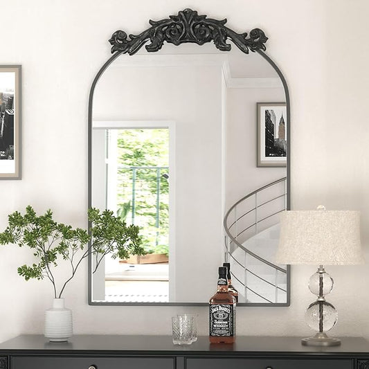 PAIHOME Arched Mirror, 24x36 Inch Antique Black Wall Decor Mirror with Metal Frame, Wall Mounted or Leaning