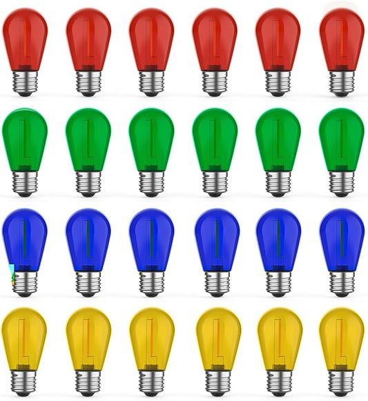 24 Pack S14 Colored LED String Light Bulbs, 1W Plastic Shatterproof Replacement Bulbs for Outdoor Patio Backyard Lights, E26 Medium Base, Warm White 2200K, Dimmable, Red/Green/Blue/Orange