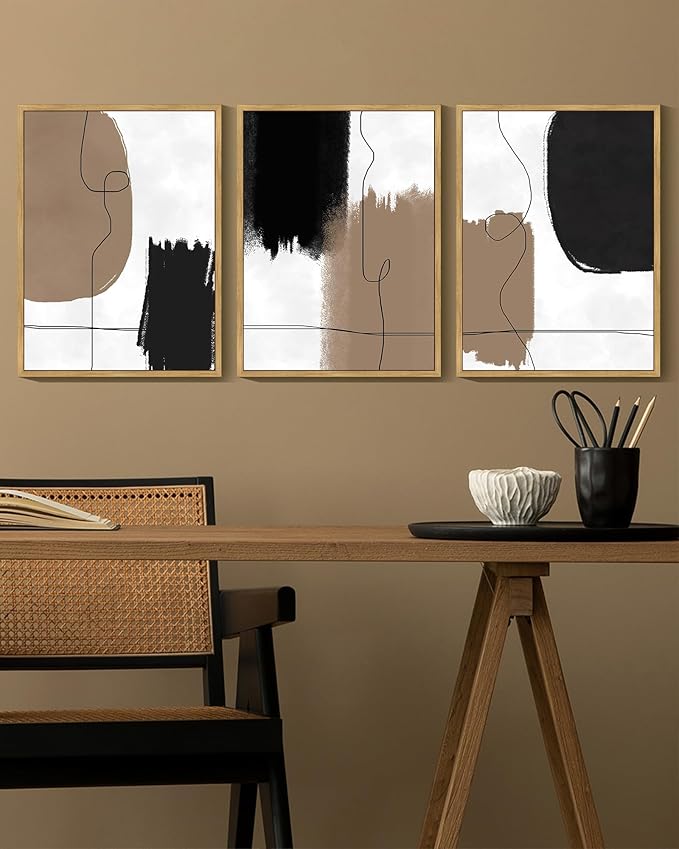 KUVIOKE Neutral Abstract Framed Wall Art Beige Mid Century Textured Wall Decor Minimalist Line Modern Illustrations Art Print Home Decor 12x16in (Natural Framed)