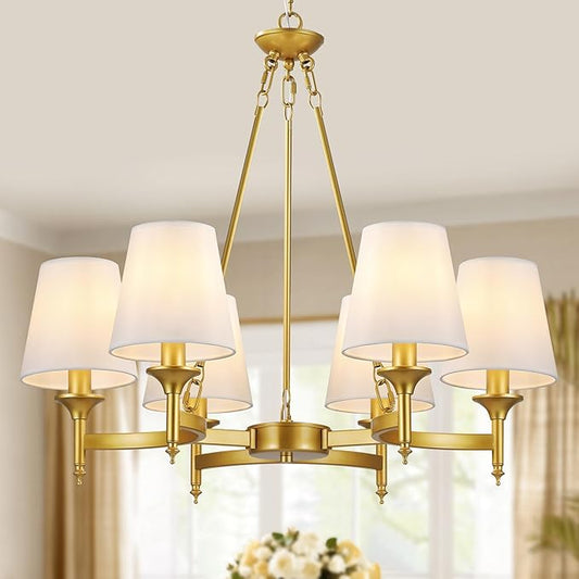 Gold Chandelier with White Shades, 6-Light Modern Farmhouse Chandeliers for Dining Room, Rustic Round Hanging Light Fixture for Kitchen Island Bedroom Office Living Room Entryway