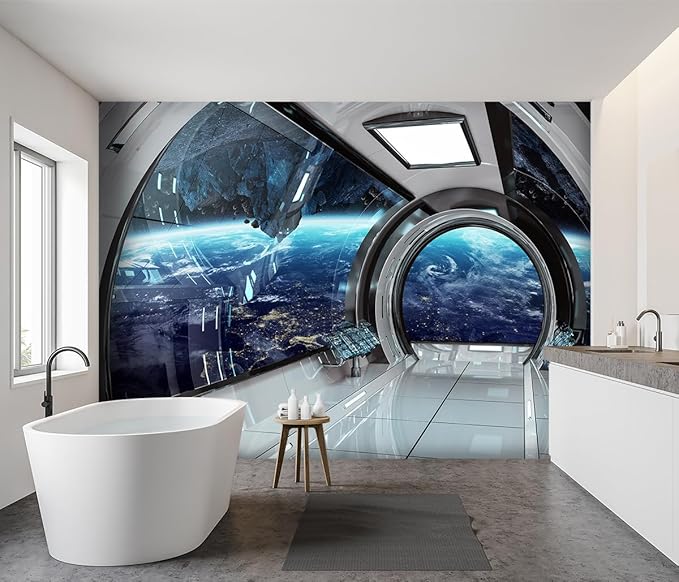 -3D Capsule Space Fabric Wallpaper Living Room Bedroom Bathroom Boys Girls Children's Room Spaceship Large Mural- 160"x108"（ not Peel and Stick）