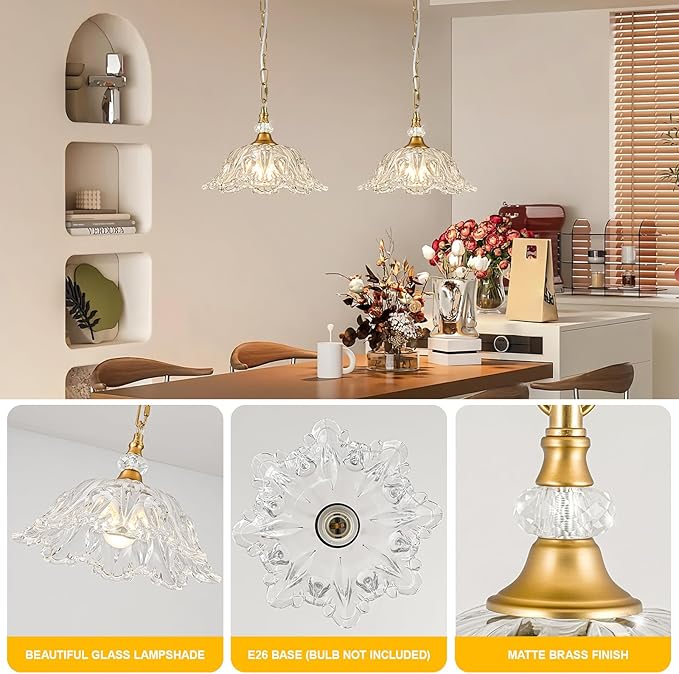 1 Piece Vintage Chandelier Light Fixtures with Crystal Glass Shade,Matte Antique Brass Finish Pendant Light,Hanging Light for Dining Room,Hallway,Living Room,Bedroom