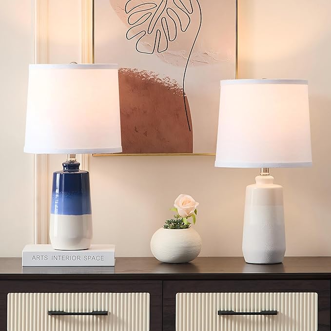 20.5" Ceramic Blue Lamps for Nightstand Set of 2, Blue Table Lamps for Living Room Set of 2, Coastal Table Lamps for Bedroom with White Barrel Lampshade, Blue White Ceramic Lamps for Small Space