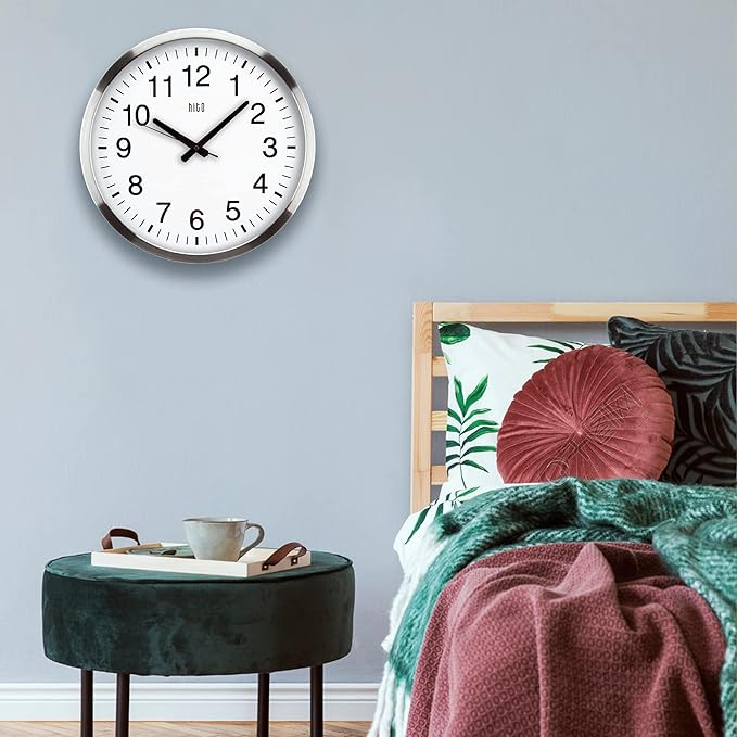 HITO 16" Silent Wall Clock Battery Operated Non Ticking Sweep Movement Glass Cover Silver Aluminum Frame, for Kitchen, Bedroom, Home Office, Living Room Decor