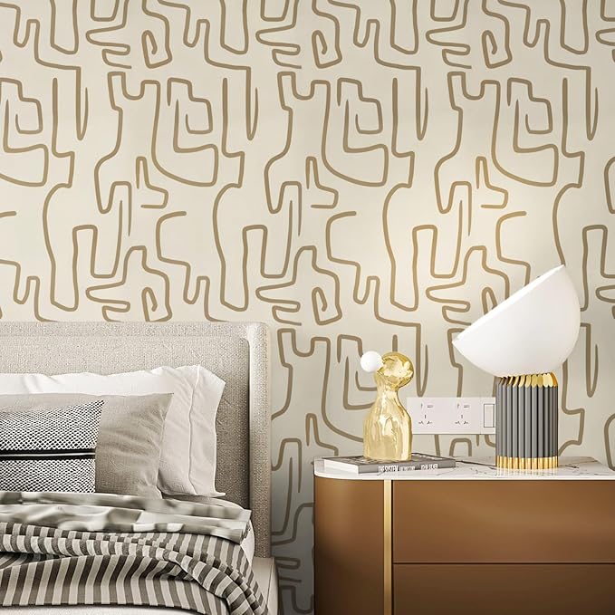 Ismoon Peel and Stick Wallpaper Modern Geometric Wallpaper 17.3inx197in Gold and Beige Contact Paper Self-Adhesive Removable Wallpaper for Bathroom Cabinets Walls Countertop Waterproof Thicken Vinyl