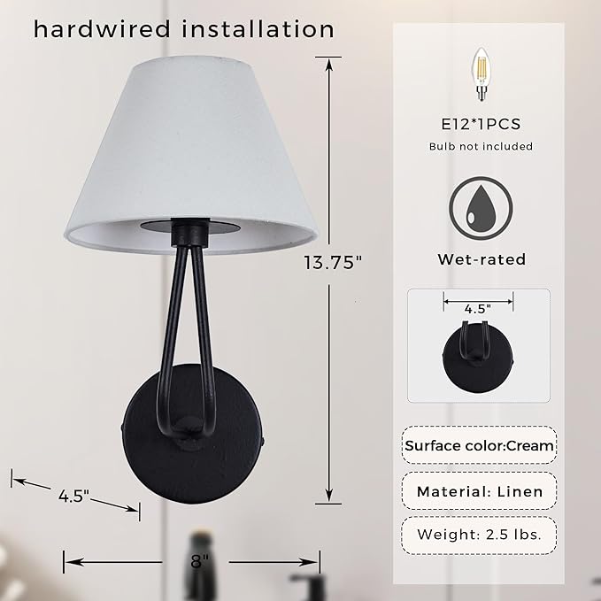 1 Light Wall Sconce Classic Single Head Wall Lighting, Modern Wall Mounted Lamp with Cream Linen Shade, Hardwired Light Fixture for Bedroom, Living Room, Corridor, Entryway- Black