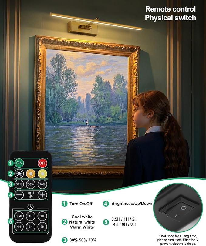 Battery Operated Picture Light with Wireless Remote 3CCT Dimmable Gold Wall Art Lights for Paintings 3 Color Rechargeable cordless decor Gallery Light 20’‘ Artwork Lighting for Canvas Timer Function