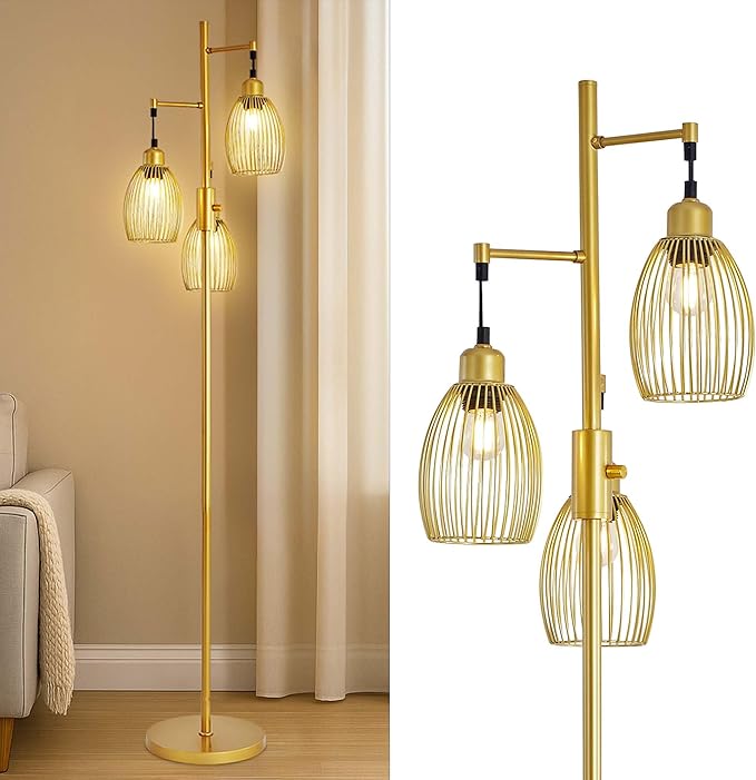 Industrial Floor Lamp 68'' - 3-Light Gold Dimmable Rustic Floor Lamp with Sturdy Pole & Heavy Base, 800 Lumens LED Bulbs Lamp for Living Room, Bedroom, Office Decor