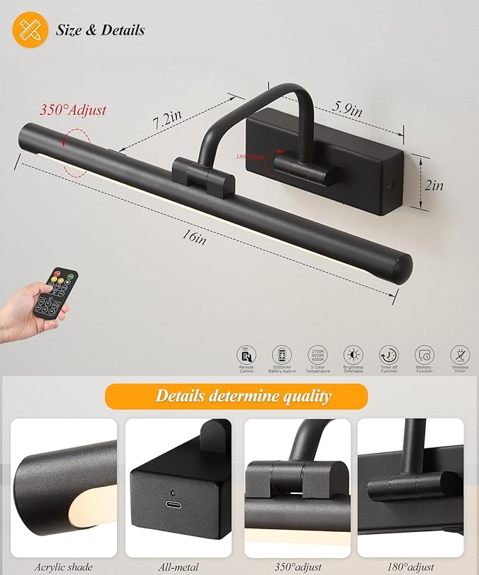 Picture Lights for Wall Battery Operated, Rechargeable Light for Picture with Remote & Timer, Black Art Light for Paintings Wireless Dimmable Cordless Gallery Frame Lights 16 Inch with 3CCT