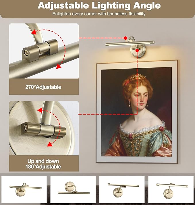 Antique Bronze Picture Light for Wall,Dimmable Painting Light,16 Inch Hardwired Picture Frame Lights,9W 3000K Warm White,Art Lighting Display Lamps,Rotatable Full Metal Gallery Light