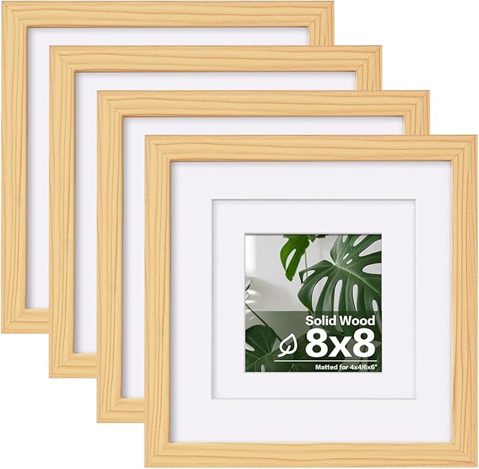 Egofine 8x8 Picture Frames Natural Wood Frames with Plexiglass, Display Pictures 4x4/6x6 with Mat or 8x8 Without Mat Set of 4 for Tabletop and Wall Mounting
