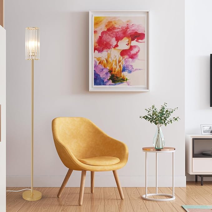 HMVPL Gold Floor Lamp for Living Room, Brass Pole Standing Lamp with K9 Crystal Shade, Modern Corner Standing Lamp for Bedroom with On/Off Switch, Elegant Crystal Tall Lamp for Office Kids Girls Room