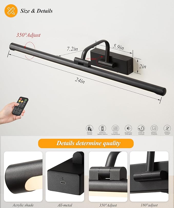 Picture Lights for Wall Battery Operated, Rechargeable Light for Pictures with Remote & Timer, Black Art Light for Paintings 24 Inch Wireless Dimmable Cordless Gallery Lights with 3 Color Temperatures