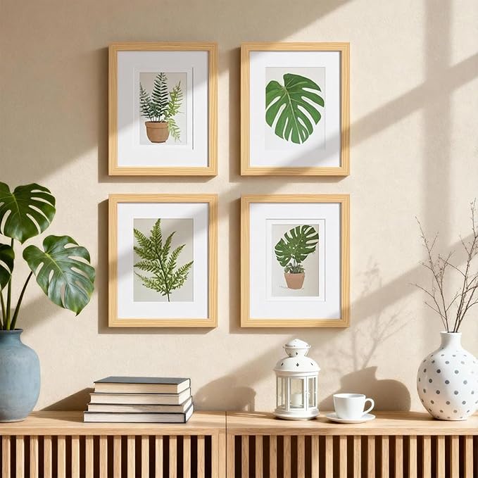 Egofine 8x10 Picture Frames Natural Wood Frames with Plexiglass, Display Pictures 4x6/5x7 with Mat or 8x10 Without Mat Set of 4 for Tabletop and Wall Mounting
