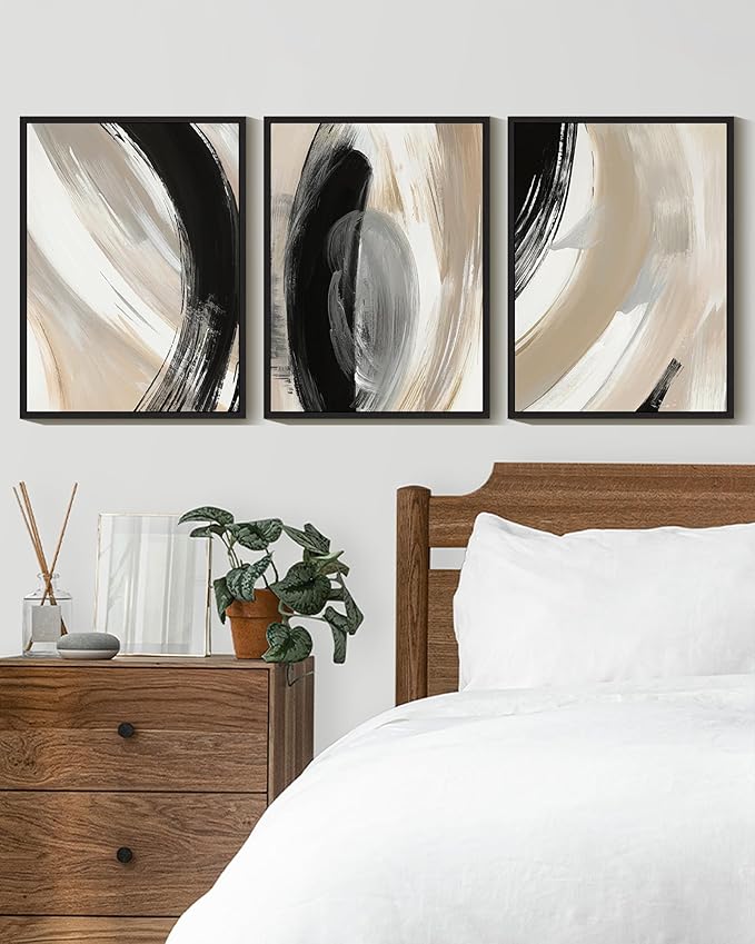 KUVIOKE Modern Abstract Framed Wall Art Black Neutral Minimalist Ink and Wash Graffiti Pastel Wall Decor for Bedroom Living Room 11x14in (Black Framed)