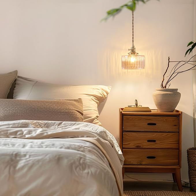 Pendant Light with Amber Striped Glass Lmapshade, Brass Vintage Pendant Light Adjustable Hanging Light for Kitchen Island Dining Room Hallway