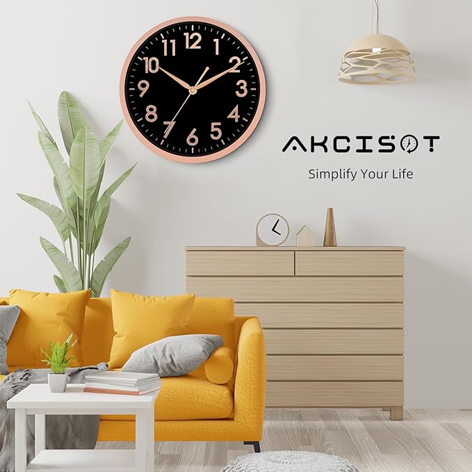 AKCISOT Wall Clock 10 Inch Rose Gold Modern Wall Clocks Battery Operated - Analog Small Silent Non Ticking Clock Decorative for Living Room, Office, Bedroom, Bathroom, Kitchen