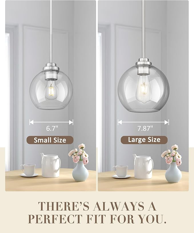 Globe Pendant Light Fixture, Modern Brushed Nickel Hanging Light with Clear Glass for Kitchen Island Dining Room Bedroom Hallway Foyer (1 Pack), PL101BN