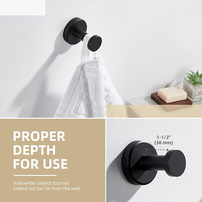 Angle Simple Towel Hook Matte Black, Stainless Steel Bathroom Hand Towel Holder, Compact Round Robe Hook Wall Mount