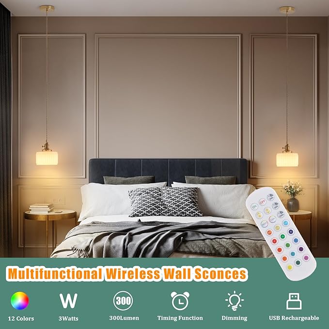 Battery Operated Pendant Light 5000mAh Rechargeable Chandelier with Remote Control Wireless Adjustable Hanging White Striped Light for Kitchen Island Dining Room Hallway, 2 Pack