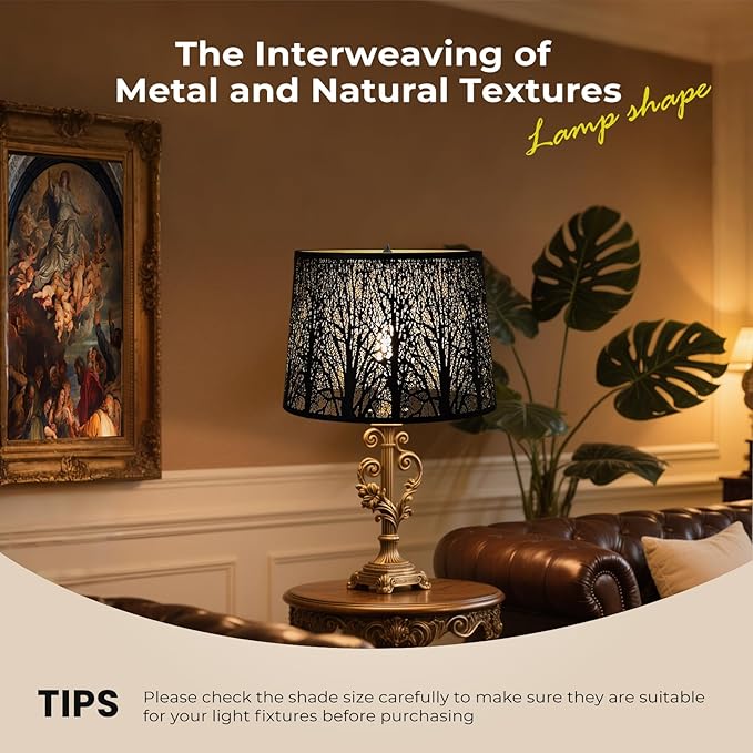 Large Lamp Shade, Metal Lampshade, drum lamp shades,replacement lamp shades For Table Lamp Floor Lamps,Gothic Style Lamp Shade,12x14x10 inches, Tree Pattern Design, Black and Bronze.
